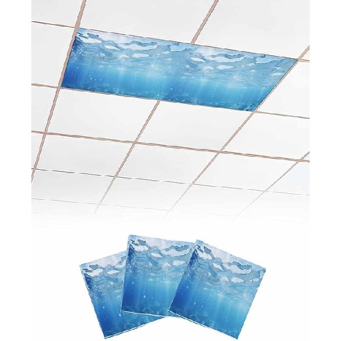 Summer 4 Pcs Fluorescent Light Covers, Ocean Blue Sea Waves Underwater Magnetic Light Filters Shade Panel Light Covers for Ceiling Lights Classroom