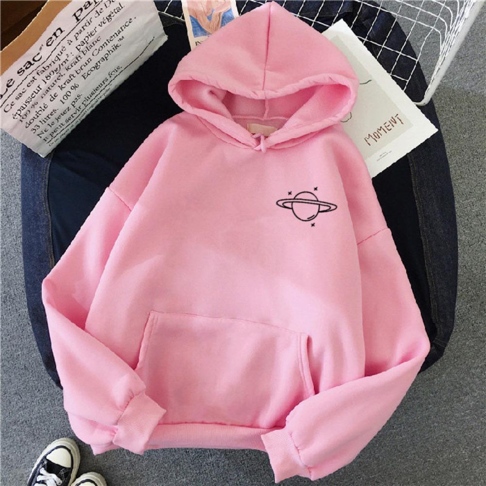 New Sweater Women's Autumn and Winter Korean Version Loose Lazy Wind Planet Printing Versatile Hooded Top Velvet Student Sweater