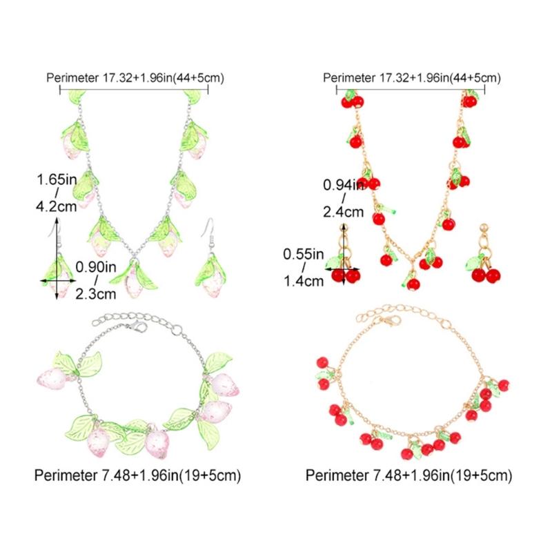 Delicate Strawberry/Cherries Necklace Bracelet Earrings Set Contemporary Acrylic Cherries and Strawberry Jewelry