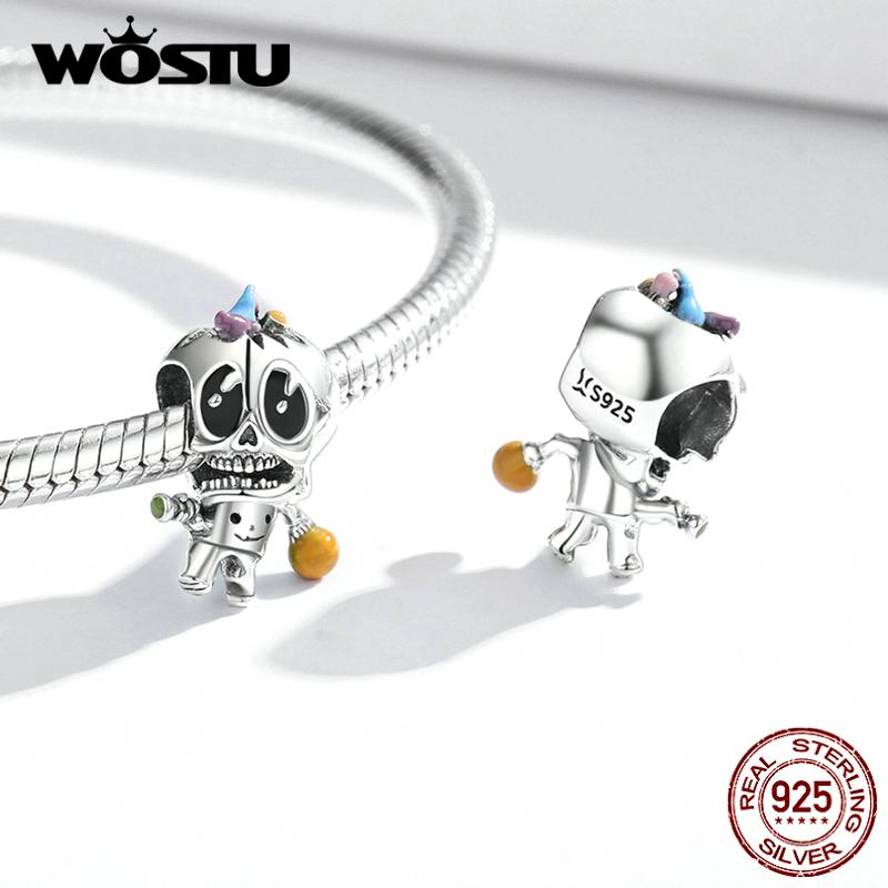 WOSTU Halloween Cute Trick Skull 925 Sterling Silver Charm Beads Fit Bracelet Bangle Fine Jewelry