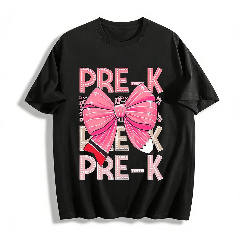 Pre-K Bow Print Kids Shirt Back To School Pre Kindergarten Top Pure cotton T-shirt XXS