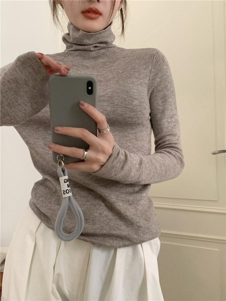 Piled Collar Solid Color All-match Knitted Sweater Women's Autumn and Winter Western-style Slim-fit Coat Inner Knitted Base Shirt