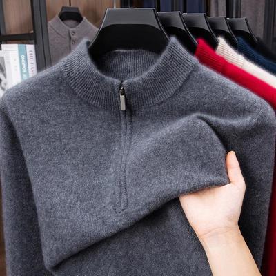 Men's Thickened 460g Cashmere Wool Sweater with Zipper, Half-High Collar, Warm Knitwear for Autumn/Winter.