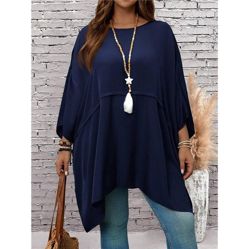 

New Plus Size Women s Seven Quarter Sleeve Round Neck Top Made Of Polyester High Elasticity Loose Irregular T-shirt XXXL темно-синього кольору