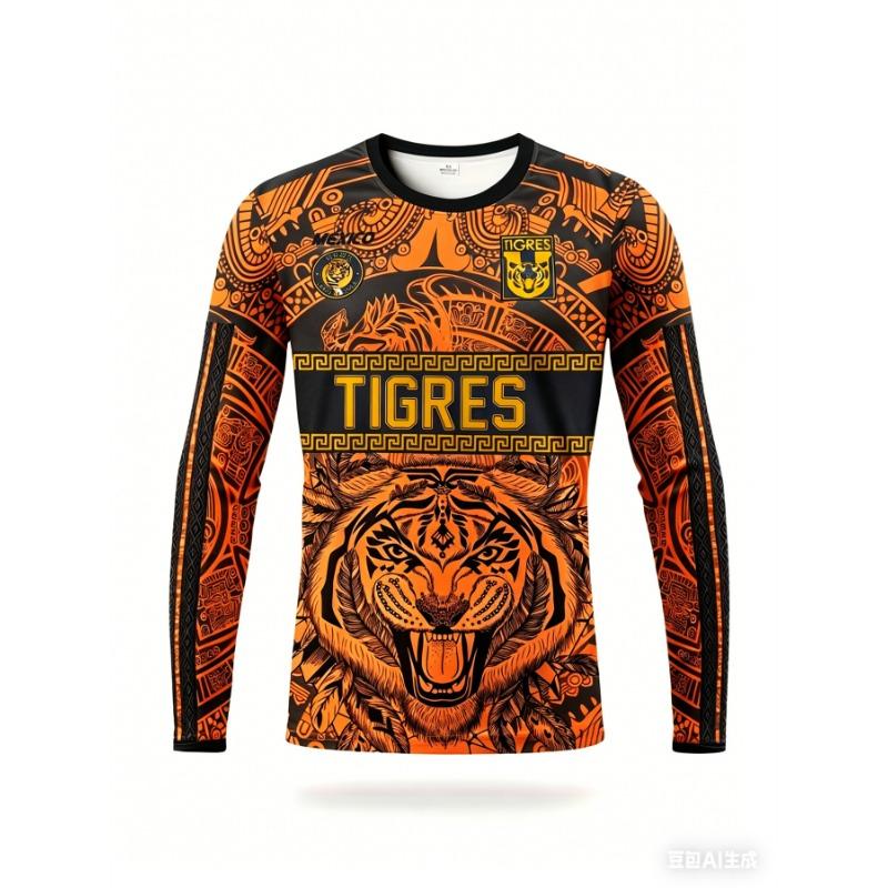 Mexican Aztec Men's Soccer Long-Sleeve Jersey Crew Neck Comfortable Sports Top for Competition, Training, Fitness, and Outdoors