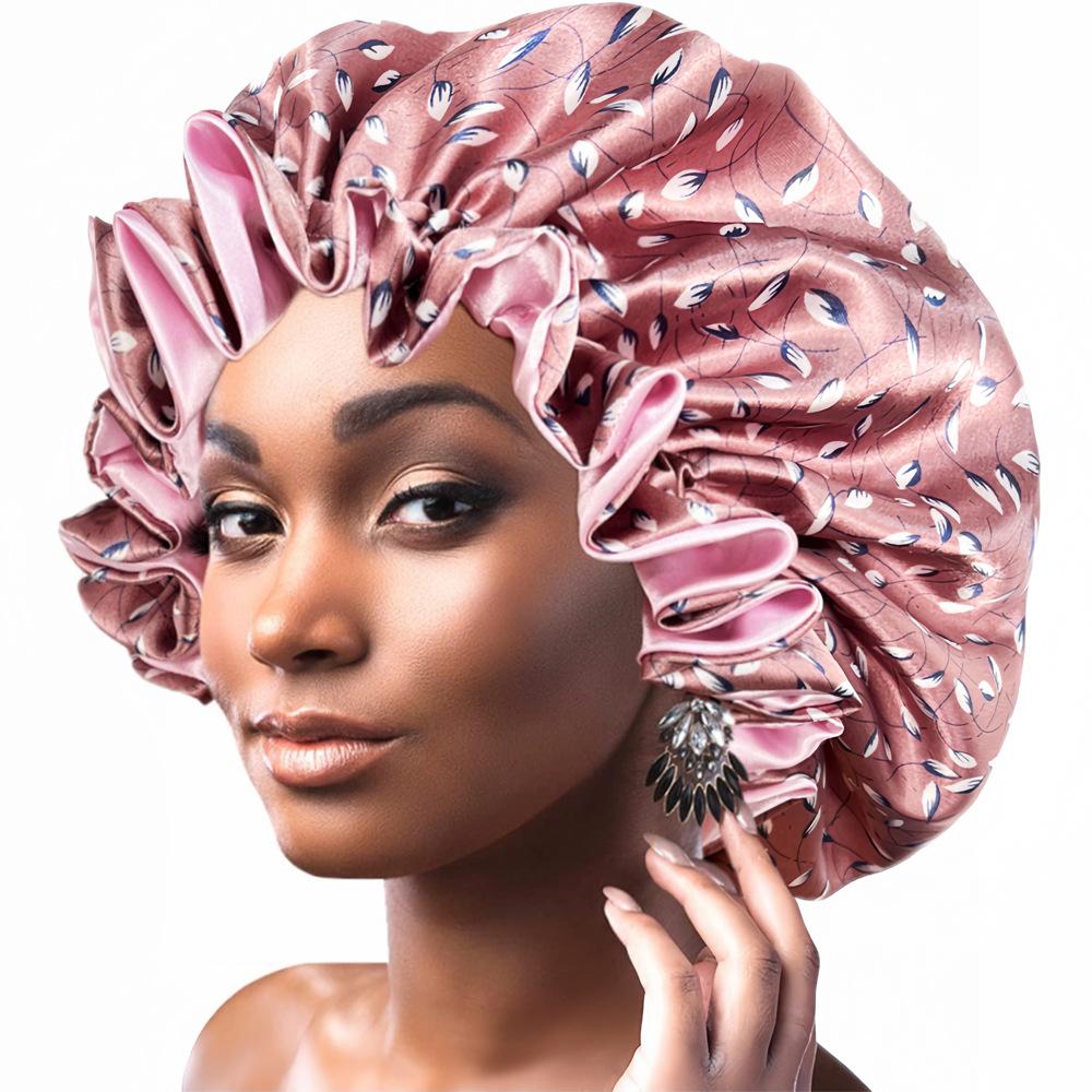 

Double Layer Satin Printed Sleep Cap In Stock Trendy Women s Ruffled Round Hat