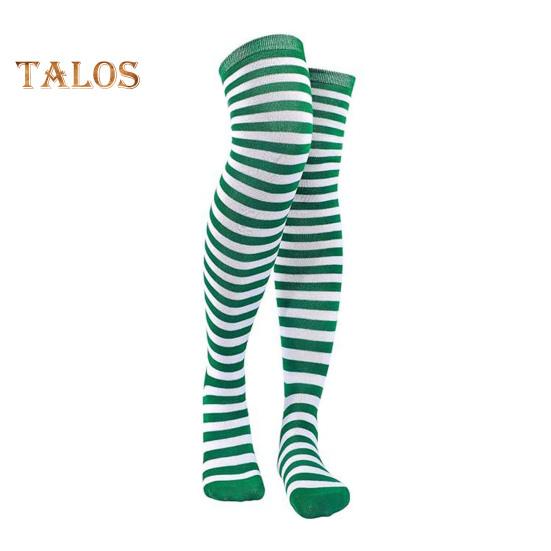 1 Pair Striped Stockings Green White Contrast Color High Elasticity Anti-slip Over Knee Length Soft Breathable Holiday Christmas Stage Performance