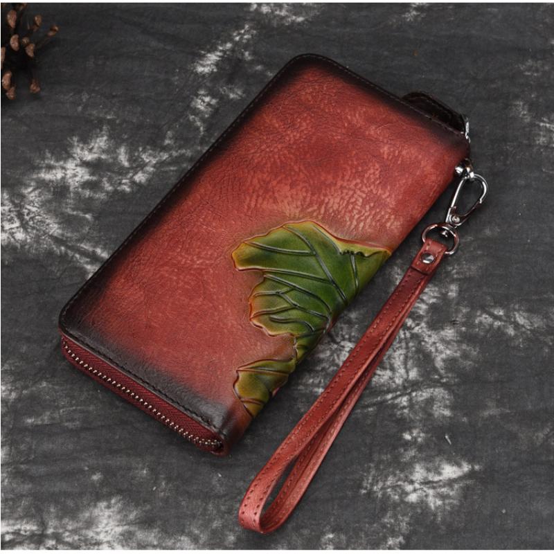 Johnature Handmade Vintage Genuine Leather Ladies Clutch Bags Female Purse Women Floral Zipper Standard Wallets
