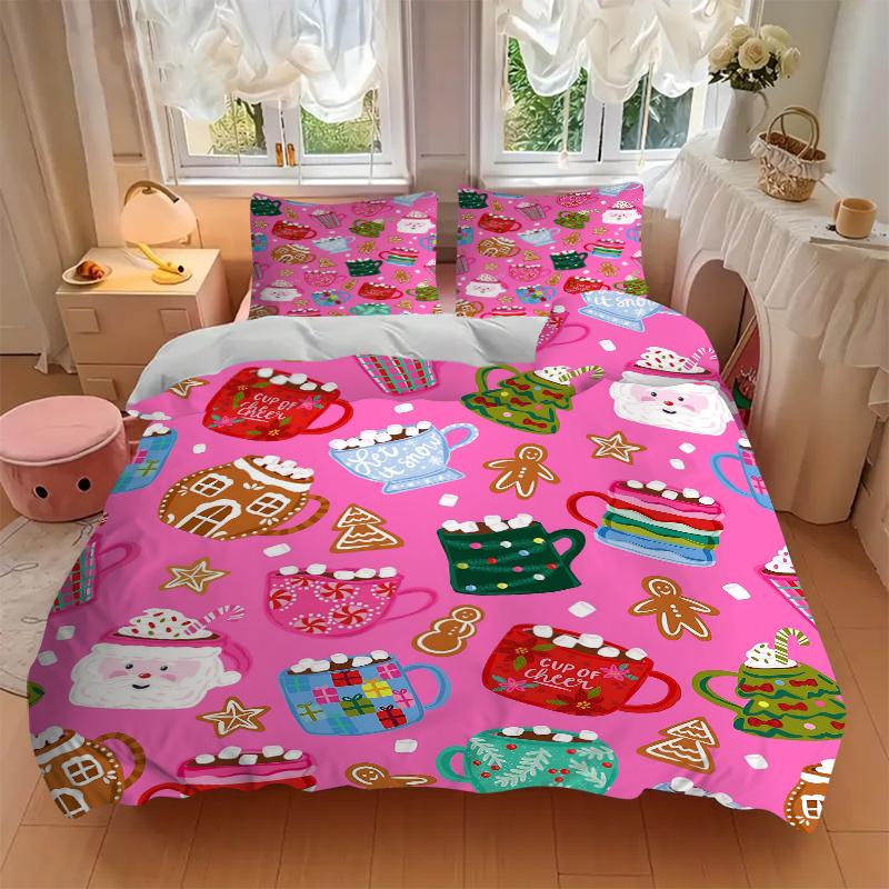 3Pcs Christmas Hot Chocolate Bedding Set Quilt Cover Pillowcase Home Christmas Halloween Gift 1 Duvet Cover 2 Pillowcase S1163