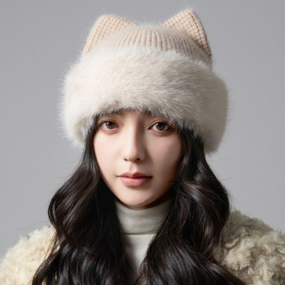 Plush Cat Ear Beanie Warm Pullover Hat Casual Knitted Winter Cap Winter Wear