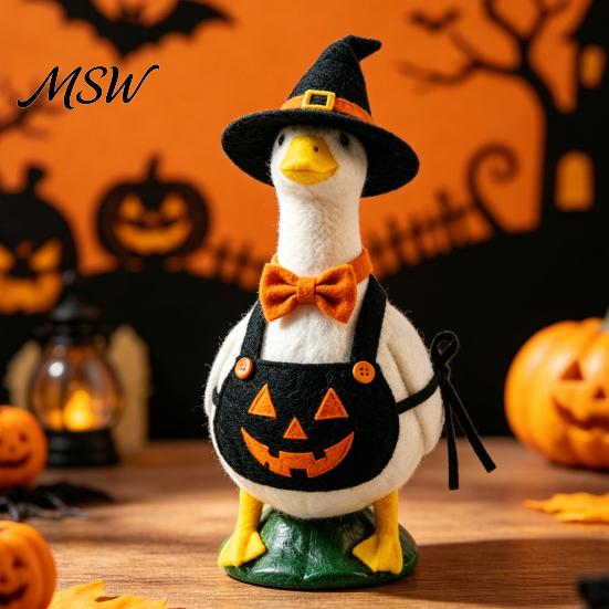 Whimsical Outdoor Decoration Halloween Mini Desk Goose Statue, Cute Small Figurine with Pumpkin Apron Statue And Wizard Hat for Home Office