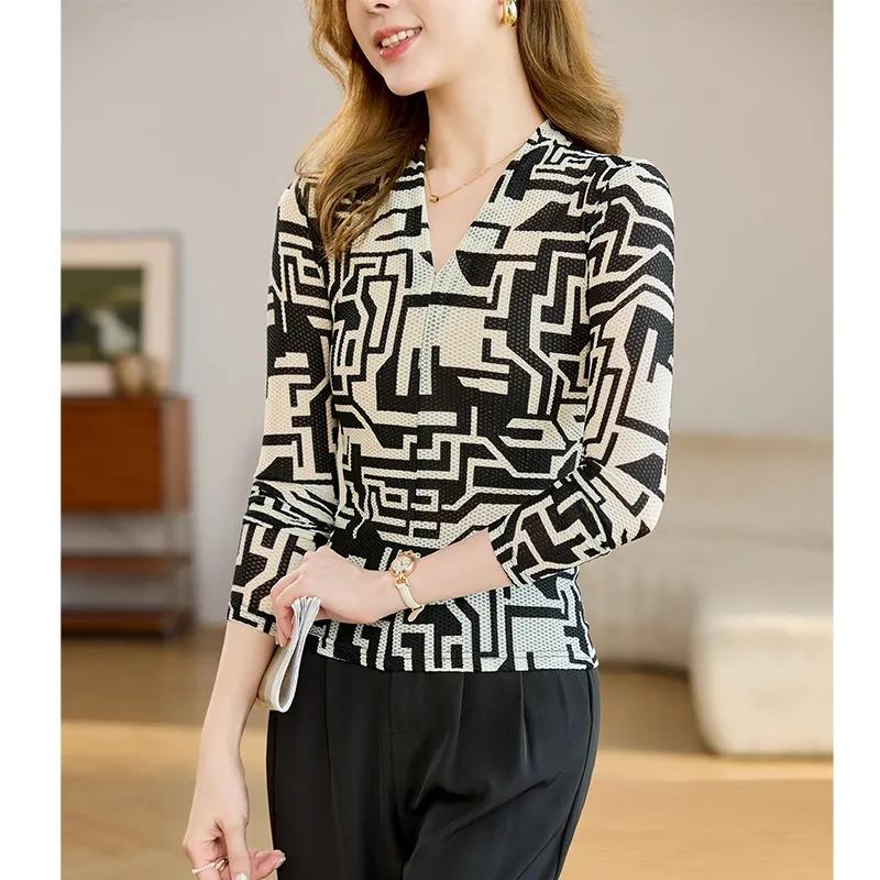 

Новые Осенние Сетчатые Топы с V-образным Вырезом и Длинным Рукавом для Женщин, Тонкие и Модные Базовые Футболки L чёрный