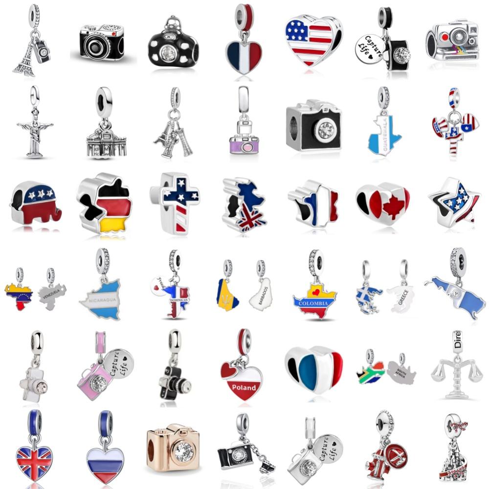 Sales National Flag Charm Cameral Beads Pendant Fit Decoration Original Bracelet DIY Women S925 Silver Accessory Gift Amulet