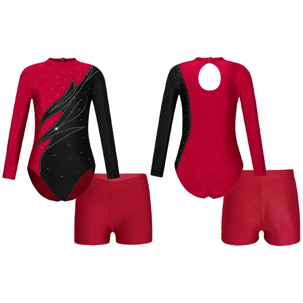 Kids Girls Long Sleeve Mock Neck Shiny Rhinestones Decor Leotard with Shorts for Dance Gymnastic Workout