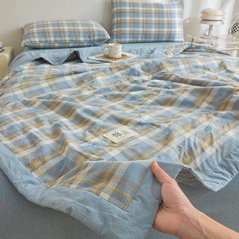Plaid Print Washable Cotton Summer Cooling Quilt Lightweight Breathable Machine Washable for Student Dorms Single Double Beds Air Conditioner Rooms