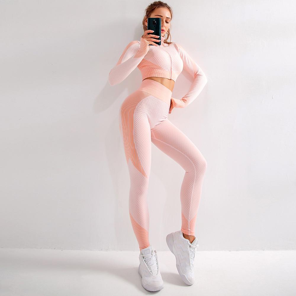 Women 2pcs Seamless Yoga Set Sportswear Gymwear Suit Long Sleeve Gym Workout