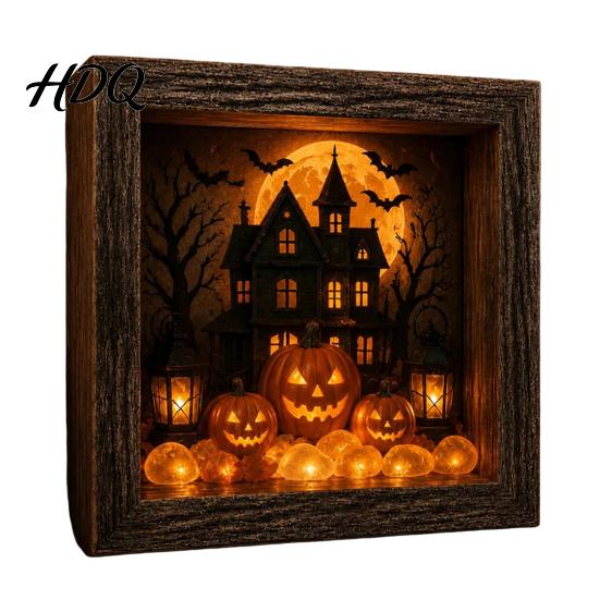 Gothic Shadow Box Night Light DIY Lighted Halloween Ghost Kit Wooden Frame LED Warm Light Crystal Glass Display Case Memory with Panel Decorative