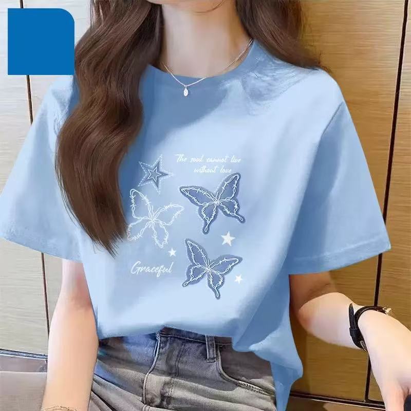 Women's Loose Fit Short Sleeve Crew Neck Tee Butterfly Letter Print Cotton Casual Basic Summer Daily Wear Streetwear Top