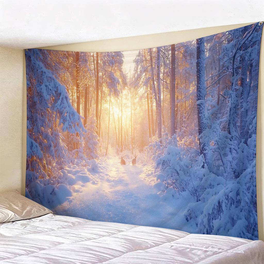 Blue Winter Forest Christmas Tapestry, Snow-Covered Pine Trees Wall Hanging, Aesthetic Holiday Backdrop for Bedroom Decor