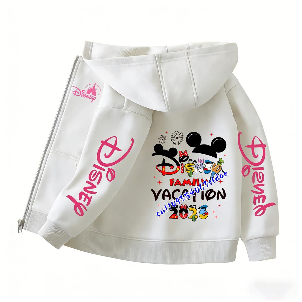 2026 Family Trip Kids Zip Up Hoodie Cute Cartoon Mouse & Friends Graphic Casual Hooded Jacket