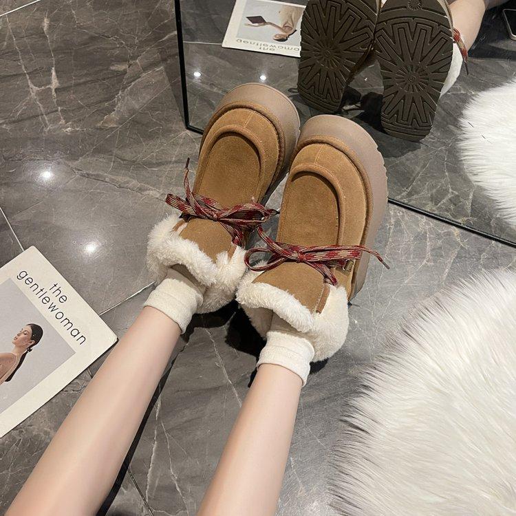 

Soft leather version~ fur integrated thick-soled snow boots women s winter 2025 new lace-up short tube heightening casual boots cotton shoes 40
