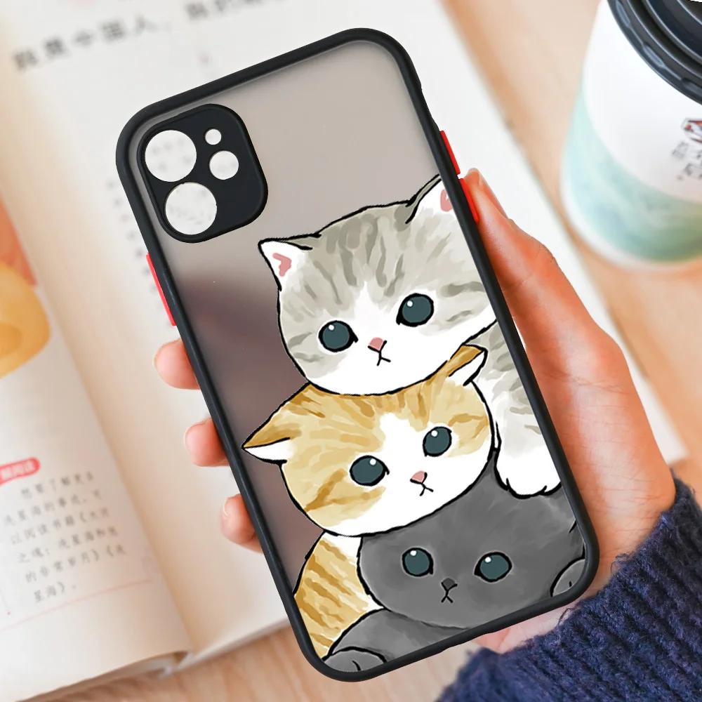Милый Мультяшный Кот Чехол для Телефона Для iPhone 17 16 15 11 12 14 13 Pro Max Mini X XS XR 7 8 Plus 16E Ударопрочный Жесткий Матовый Чехол Fundas iPhone17