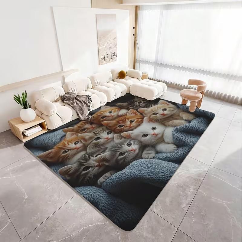 Adorable 3D Kitten Print Area Rug for Living Room Decor 2D Falt Print Cute Cat Floor Mat for Bedroom Sofa Playroom Home Decor