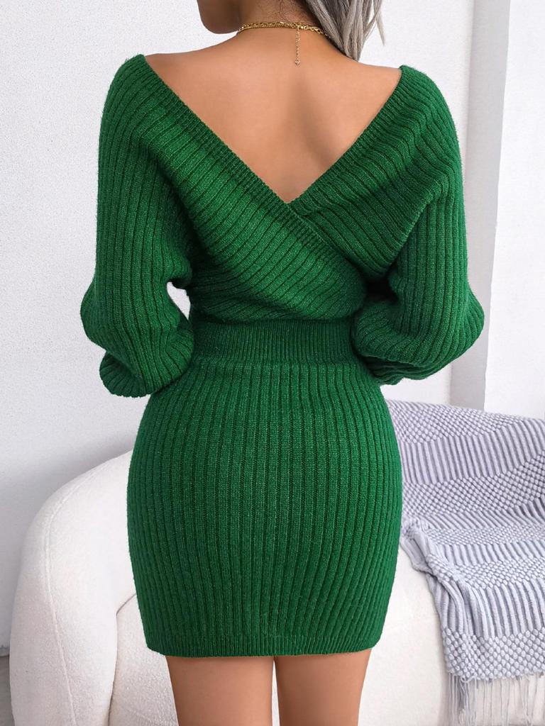Svetrové šaty s výstřihem do V a křížením, jednobarevné, elegantní, s dlouhým rukávem, bodycon, volné šaty, ležérní netopýří šaty