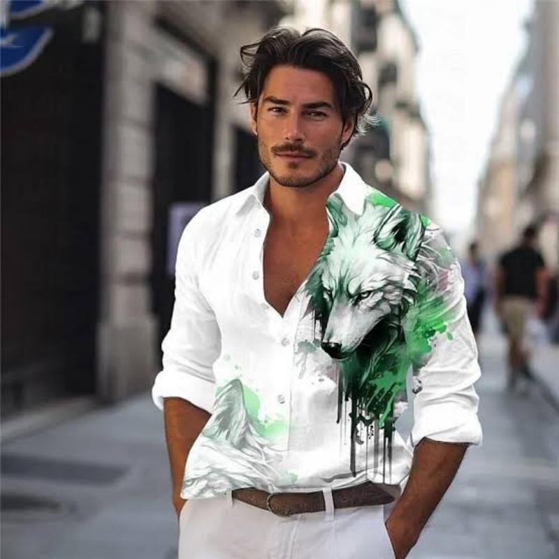 Men Button‑up Long Sleeve Shirt Wild Wolf‑head Splash‑art Motif Turn‑down Collar Leisure Street Theme‑party Gathering Outfit