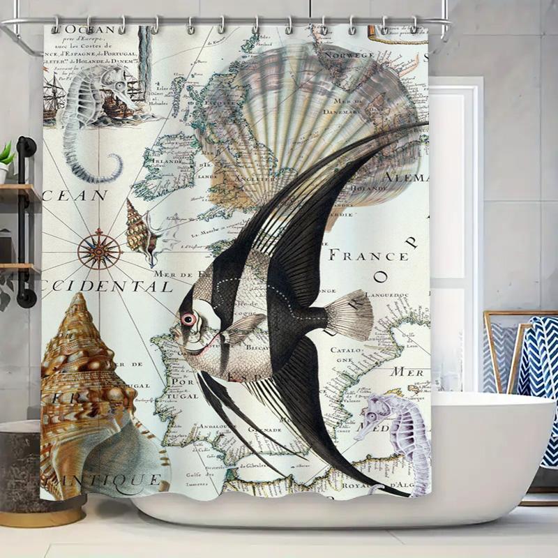 

Vintage Map Fish Shower Curtain Nautical Decor For Bathroom Waterproof Bath Mat Cover Perfect Gift Idea For Her W60H190(CM)-1 Pcs