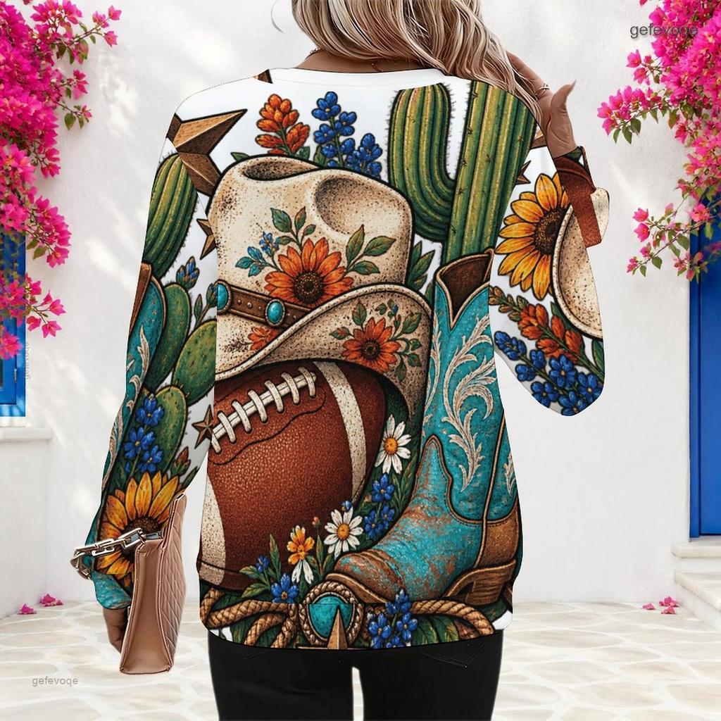 Women Plus Size Round Neck Long Sleeve Cowboy Hat Football Sunflower Print Sweatshirt Ribbed Cuffs Pullover