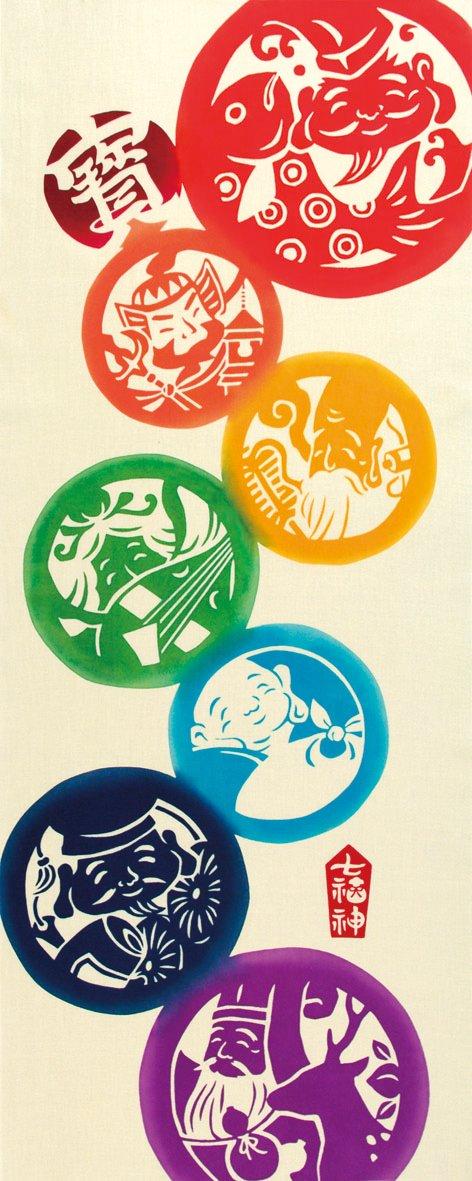 

Miyamoto-Towel Miyamoto Kenema Japanese Hand Towel, Chū-dyed, Auspicious Seven Lucky Gods, Interior Display Tapestry, 36 x 90cm, 51176