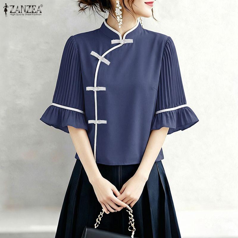 ZANZEA Women Casual Stand Collar Flare Half Sleeve Loose Blouse