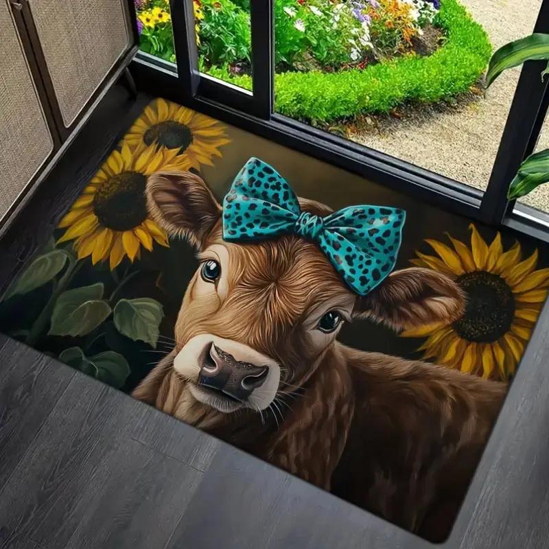 Farm Cow Sunflower Vintage Frame Print Door Mat Rustic Animal Pattern Indoor Entrance Home Floor Decor