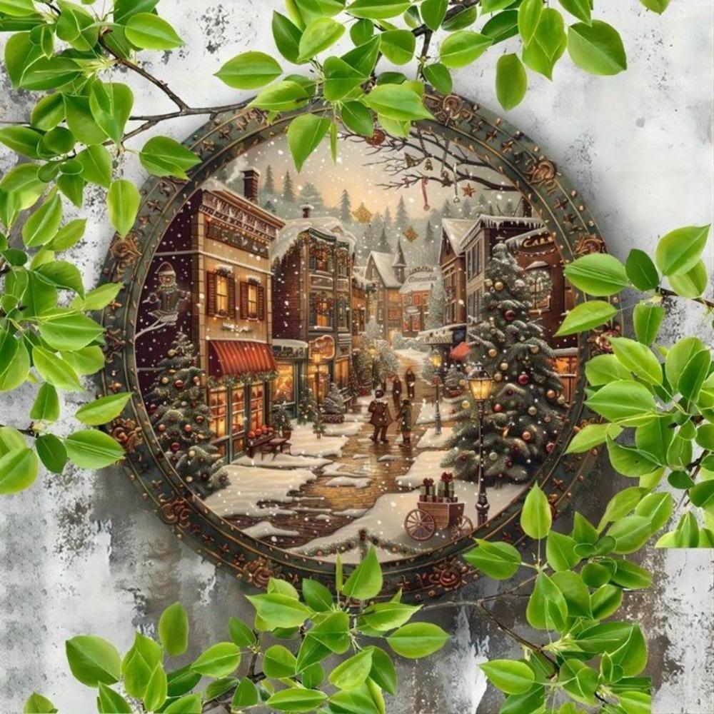 Vintage Christmas Tin Sign, Enchanted Snow Night Street Scene Metal Wall Art for Home Decor