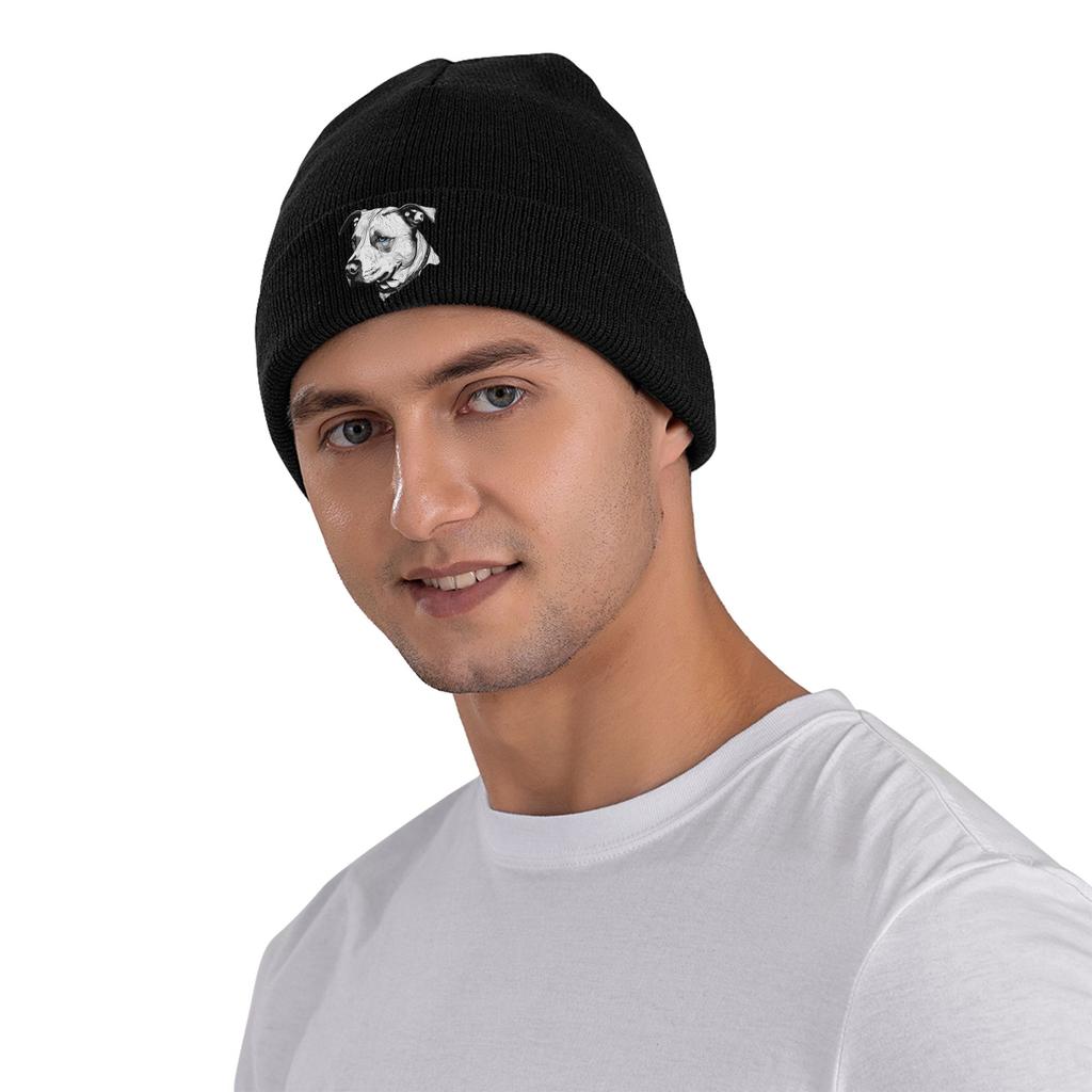Minimalist Line Pitbull with Blue Eyes Warm Knitted Cap Winter Knit Bonnet Hat Skullies Beanies Hip Hop Caps for Unisex