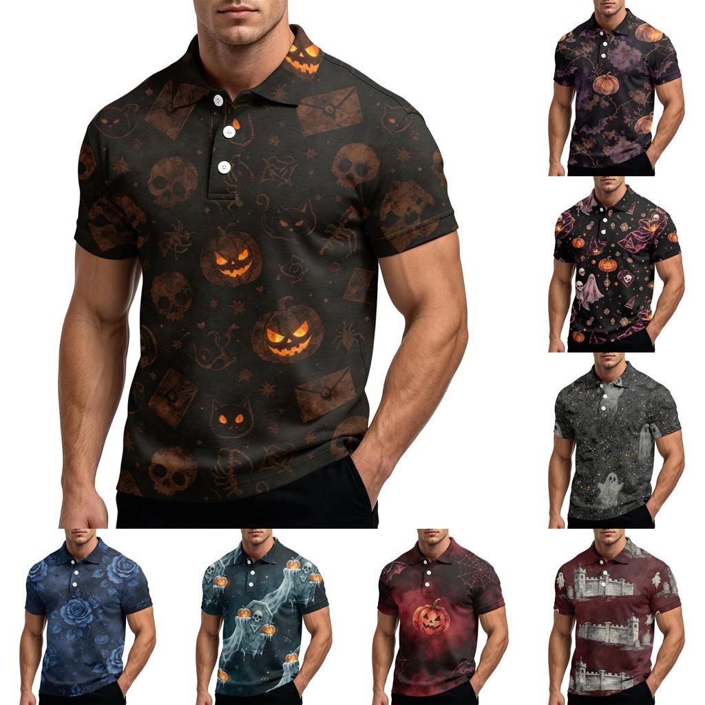 Men's Halloween Printed Short Sleeve Polo Shirt Loose Casual Summer Daily Wear Button Down Collar Top