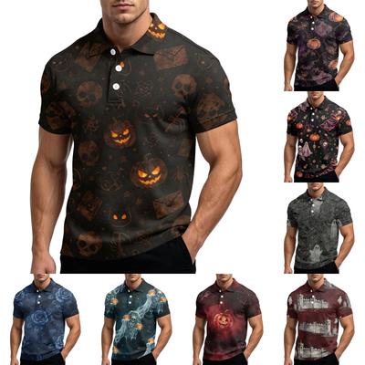 Herren Halloween Bedrucktes Kurzarm-Poloshirt Lockerer Schnitt Lässig Sommer Täglich Tragbar Knopfkragen Oberteil mit Kürbis- und Spinnennetz-Design