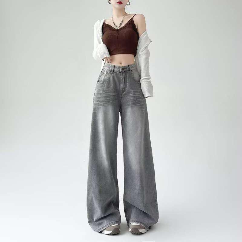 

High Street High Waist Straight Leg Jeans for Women - 2026 Spring/Autumn Slimming, Versatile, Floor-Length Pants L серый