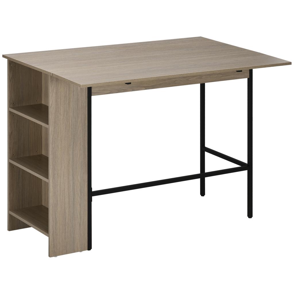 Central Island Bar Table with Fold-Down Side Top and 3 Shelves 120 x 76 x 91.4 cm Light Grey