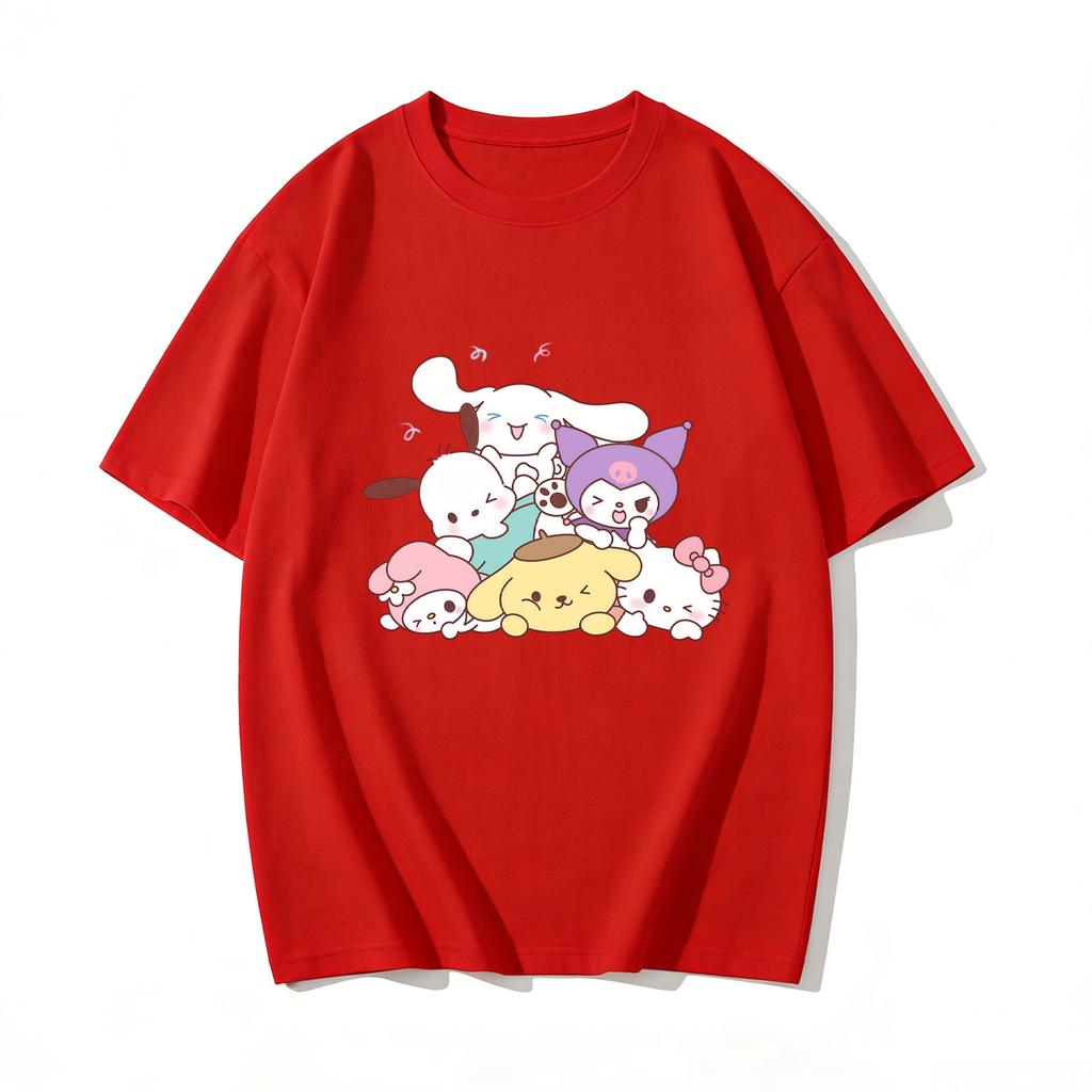 Summer Cute Sanrio Characters Stacked Print Tshirt Casual Short Sleeve Tees for Mom and Daughter Sweet Family Matching Outfits