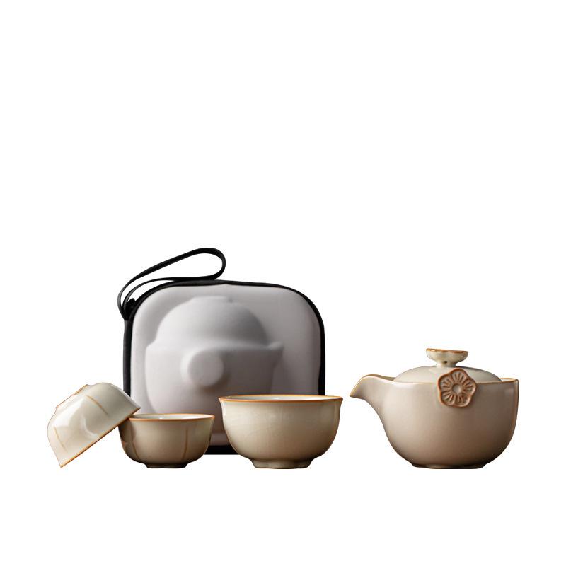 Portable Ru Kiln Kung Fu Tea Set: One Pot, Three Quick-Brew Cups, Perfect for Corporate Gifts