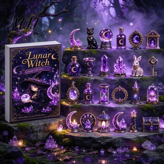Advent Calendar Fantasy Box with 24 Mini Acrylic 2D Ornaments, Christmas Countdown Unique Collection Items Desktop Micro Landscape Decoration,