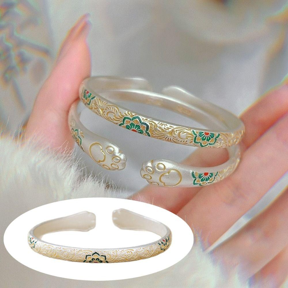 Traditional Enamel Flower Bangle Cat Paw Women's Opening Bracelet  Jewelry Gifts