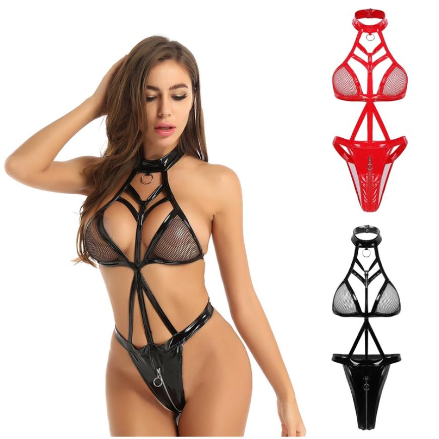 

Женское нижнее белье сетчатые чашки кожаный недоуздок кроп-топ промежность на молнии боди с высоким вырезом мокрый вид костюмы для вечеринок