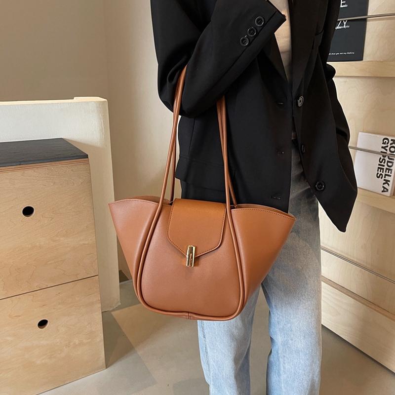YogodlnsNew Ladies Tote Bag Basket Style Single Shoulder Commuter Bag Pure Color Versatile Handbag Soft PU Material Large Size