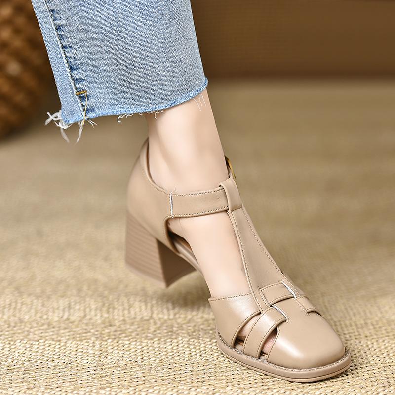 Summer square head high heels comfortable thick heel hollow pig cage bag head sandals thick heel solid color