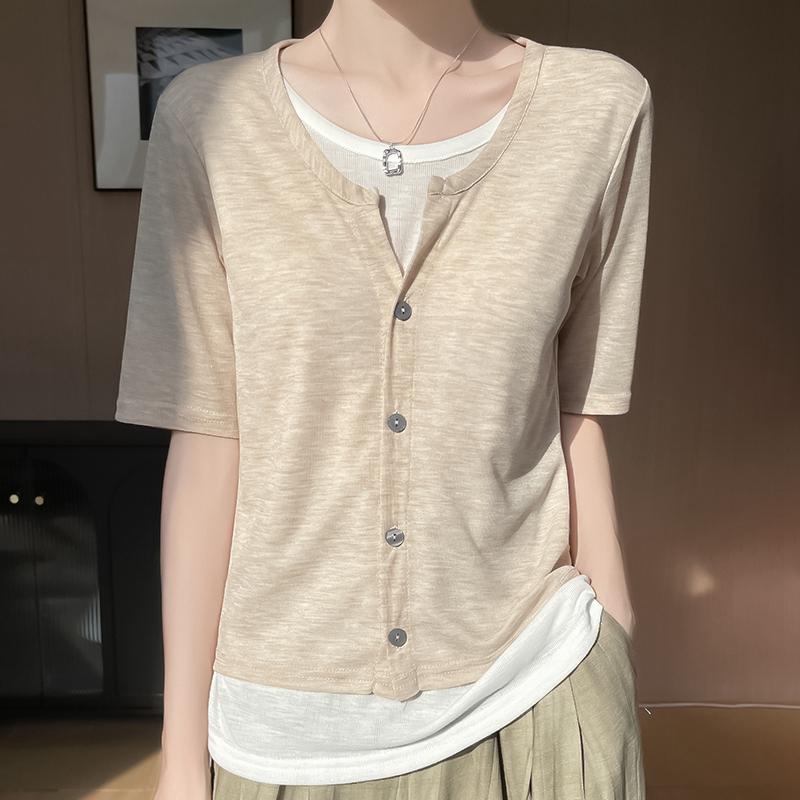 

Жіноча літня сорочка з шовкового шовку шовковиці 50% шовк 50% поліестер дихаючий легкий топ з короткими рукавами для повсякденного життя XXL бежевий