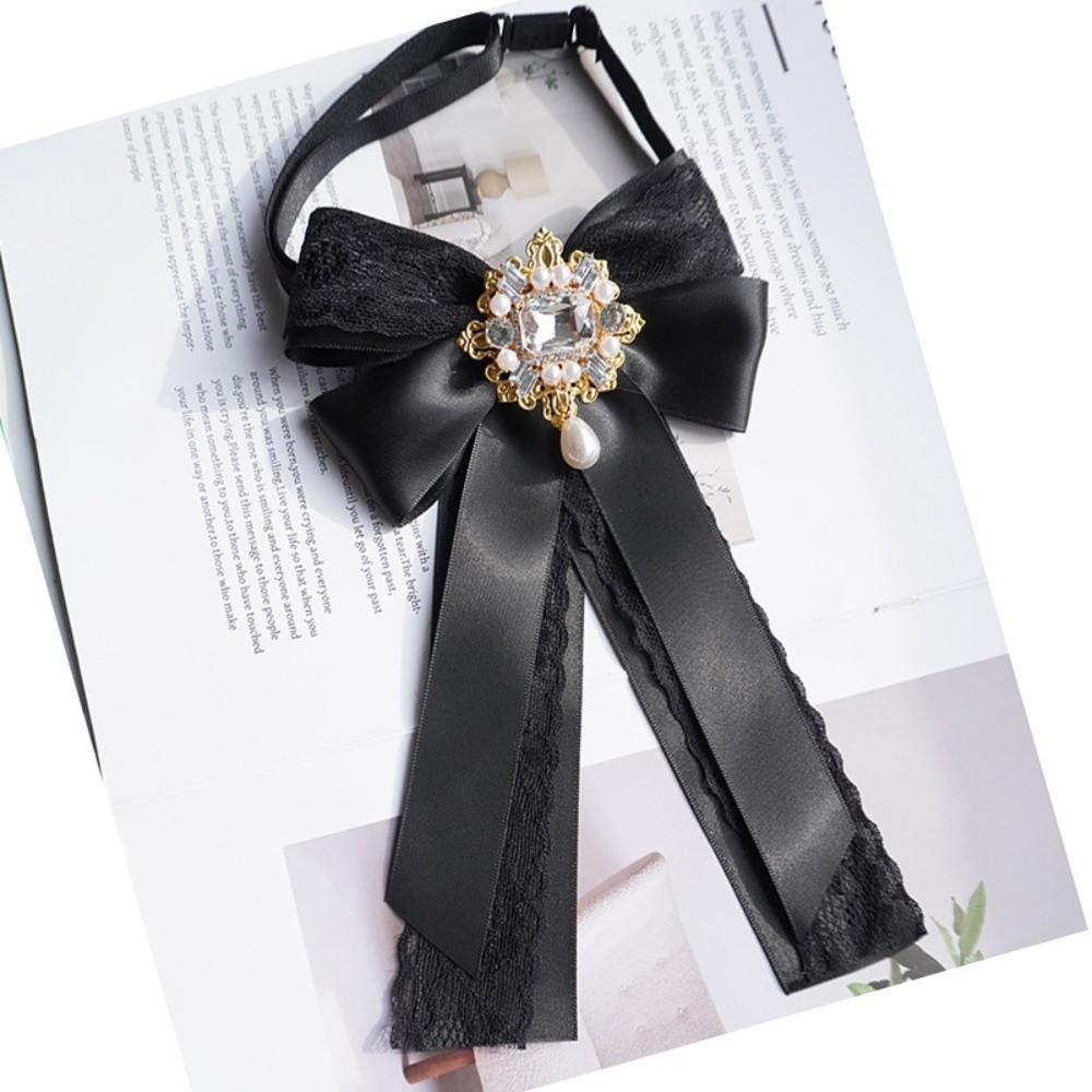 Adjustable Pre-Tied Bow Tie Uniform Accessory Shirt Decor Rhinestone Ribbon Bowtie Handmade Elegant Ribbon Bow Brooch чёрный