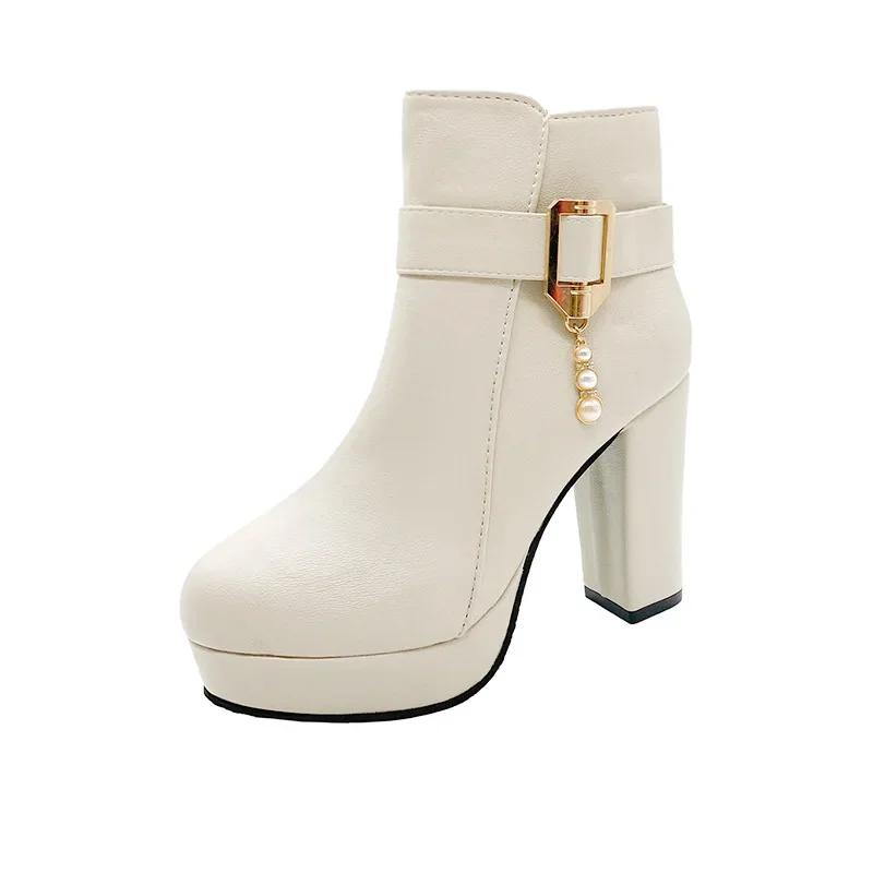 

Ботильоны в стиле вестерн с круглым носком, на молнии, на высоком каблуке, женская обувь, ботильоны на очень высоком толстом каблуке, на платформе, женская обувь 34